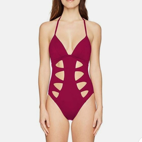 Kenneth Cole Woman's Red Cutout Halter Summer Beach One-Piece Swimsuit Sz Lr - Picture 1 of 10